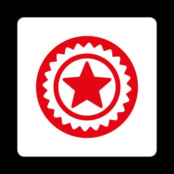 Medal seal icon from Award Buttons OverColor Set. Icon style is red and white colors, flat rounded square button, black background.