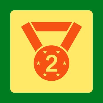 Second medal icon from Award Buttons OverColor Set. Icon style is orange and yellow colors, flat rounded square button, green background.