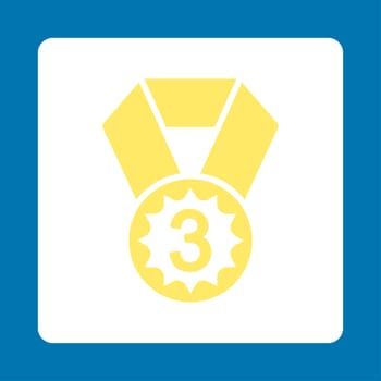 Third place icon from Award Buttons OverColor Set. Icon style is yellow and white colors, flat rounded square button, blue background.