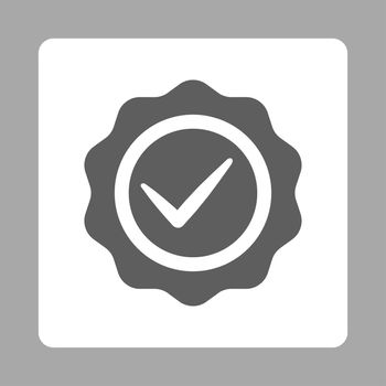 Valid icon from Award Buttons OverColor Set. Icon style is dark gray and white colors, flat rounded square button, silver background.
