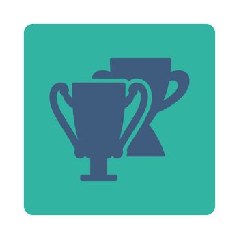 Trophy cups icon from Award Buttons OverColor Set. Icon style is cobalt and cyan colors, flat rounded square button, white background.