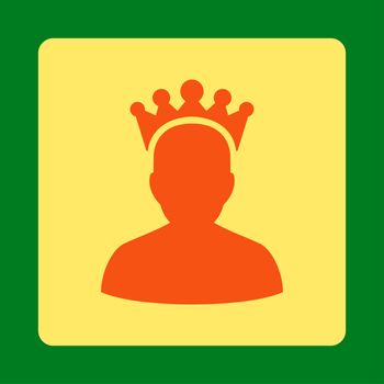 King icon from Award Buttons OverColor Set. Icon style is orange and yellow colors, flat rounded square button, green background.