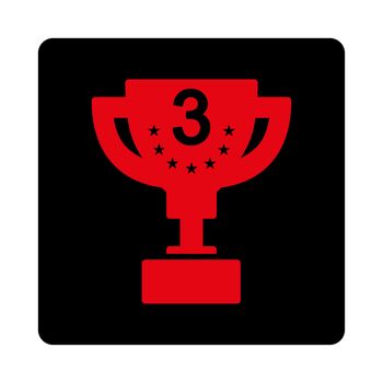 Third prize icon from Award Buttons OverColor Set. Icon style is intensive red and black colors, flat rounded square button, white background.