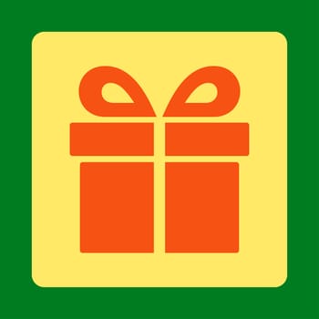 Present icon from Award Buttons OverColor Set. Icon style is orange and yellow colors, flat rounded square button, green background.