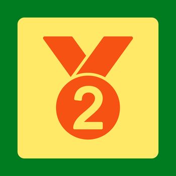 Silver medal icon from Award Buttons OverColor Set. Icon style is orange and yellow colors, flat rounded square button, green background.