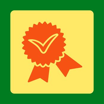Validation seal icon from Award Buttons OverColor Set. Icon style is orange and yellow colors, flat rounded square button, green background.