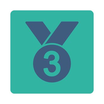 Bronze medal icon from Award Buttons OverColor Set. Icon style is cobalt and cyan colors, flat rounded square button, white background.