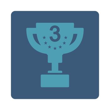 Third prize icon from Award Buttons OverColor Set. Icon style is cyan and blue colors, flat rounded square button, white background.