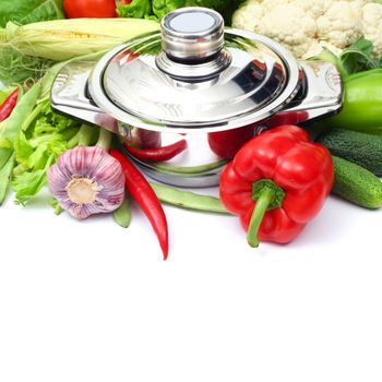Pan with fresh vegetables for soup isolated on white background