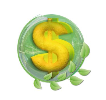superimposing a dollar in a green ball 3D surrounded by green leaves