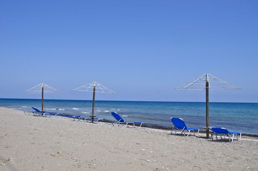 beautiful empty Aegean sea early spring beach in Rhodes island, Greece