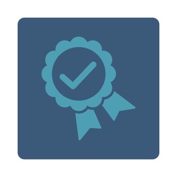 Approved icon from Award Buttons OverColor Set. Icon style is cyan and blue colors, flat rounded square button, white background.
