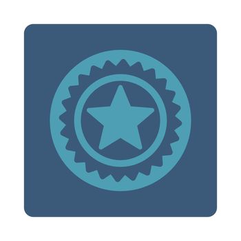 Medal seal icon from Award Buttons OverColor Set. Icon style is cyan and blue colors, flat rounded square button, white background.