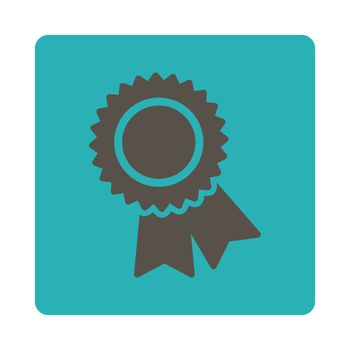 Certification icon from Award Buttons OverColor Set. Icon style is grey and cyan colors, flat rounded square button, white background.
