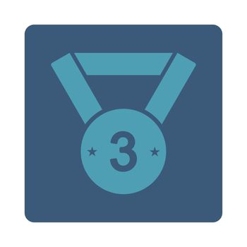 Third medal icon from Award Buttons OverColor Set. Icon style is cyan and blue colors, flat rounded square button, white background.