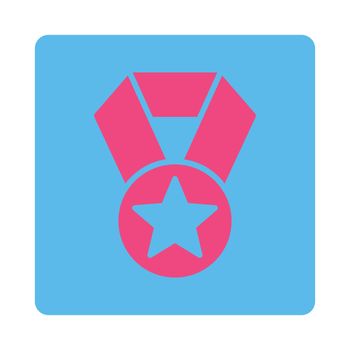 Champion medal icon from Award Buttons OverColor Set. Icon style is pink and blue colors, flat rounded square button, white background.