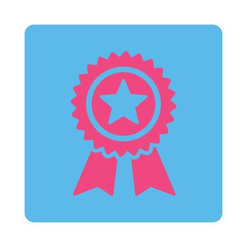 Guarantee icon from Award Buttons OverColor Set. Icon style is pink and blue colors, flat rounded square button, white background.