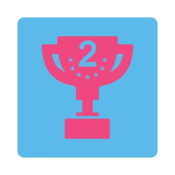 Second prize icon from Award Buttons OverColor Set. Icon style is pink and blue colors, flat rounded square button, white background.