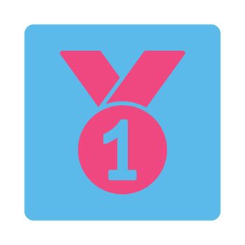 Gold medal icon from Award Buttons OverColor Set. Icon style is pink and blue colors, flat rounded square button, white background.