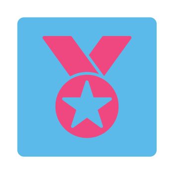 Medal icon from Award Buttons OverColor Set. Icon style is pink and blue colors, flat rounded square button, white background.