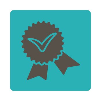 Validation seal icon from Award Buttons OverColor Set. Icon style is grey and cyan colors, flat rounded square button, white background.