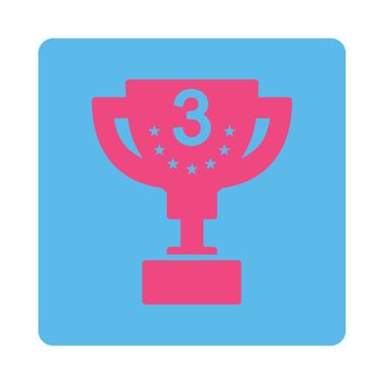 Third prize icon from Award Buttons OverColor Set. Icon style is pink and blue colors, flat rounded square button, white background.