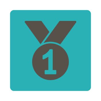 Gold medal icon from Award Buttons OverColor Set. Icon style is grey and cyan colors, flat rounded square button, white background.