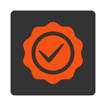 Valid icon from Award Buttons OverColor Set. Icon style is orange and gray colors, flat rounded square button, white background.