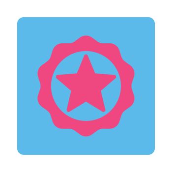 Award seal icon from Award Buttons OverColor Set. Icon style is pink and blue colors, flat rounded square button, white background.