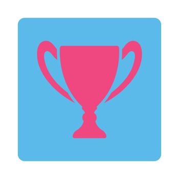 Cup icon from Award Buttons OverColor Set. Icon style is pink and blue colors, flat rounded square button, white background.