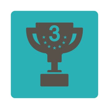 Third prize icon from Award Buttons OverColor Set. Icon style is grey and cyan colors, flat rounded square button, white background.