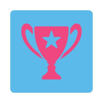 Trophy icon from Award Buttons OverColor Set. Icon style is pink and blue colors, flat rounded square button, white background.