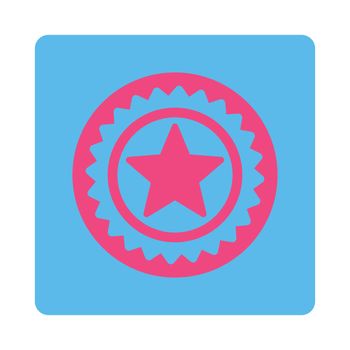 Medal seal icon from Award Buttons OverColor Set. Icon style is pink and blue colors, flat rounded square button, white background.
