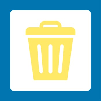 Trash Can icon from Primitive Buttons OverColor Set. This rounded square flat button is drawn with yellow and white colors on a blue background.