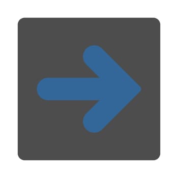 Arrow Right icon from Primitive Buttons OverColor Set. This rounded square flat button is drawn with cobalt and gray colors on a white background.