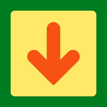 Arrow Down icon from Primitive Buttons OverColor Set. This rounded square flat button is drawn with orange and yellow colors on a green background.