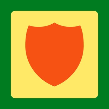 Shield icon from Primitive Buttons OverColor Set. This rounded square flat button is drawn with orange and yellow colors on a green background.