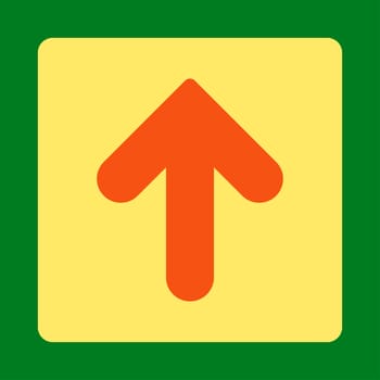 Arrow Up icon from Primitive Buttons OverColor Set. This rounded square flat button is drawn with orange and yellow colors on a green background.