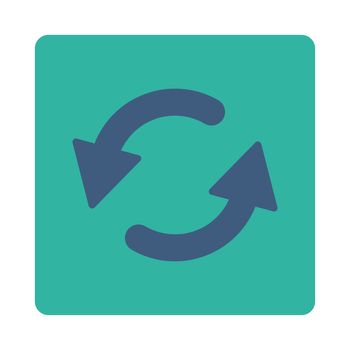 Refresh Ccw icon from Primitive Buttons OverColor Set. This rounded square flat button is drawn with cobalt and cyan colors on a white background.