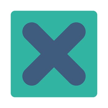 Cancel icon from Primitive Buttons OverColor Set. This rounded square flat button is drawn with cobalt and cyan colors on a white background.