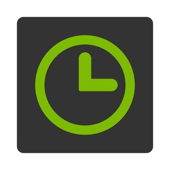 Clock icon from Primitive Buttons OverColor Set. This rounded square flat button is drawn with eco green and gray colors on a white background.