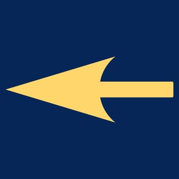 Sharp Left Arrow icon from Primitive Set. This isolated flat symbol is drawn with yellow color on a blue background.