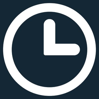 Clock icon from Primitive Set. This isolated flat symbol is drawn with white color on a dark blue background, angles are rounded.
