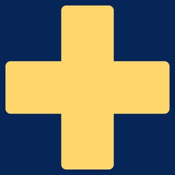 Plus icon from Primitive Set. This isolated flat symbol is drawn with yellow color on a blue background, angles are rounded.