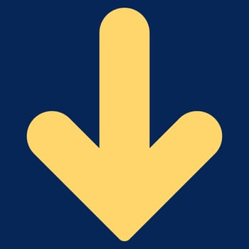 Arrow Down icon from Primitive Set. This isolated flat symbol is drawn with yellow color on a blue background, angles are rounded.