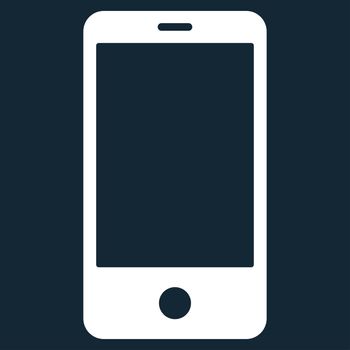 Smartphone icon from Primitive Set. This isolated flat symbol is drawn with white color on a dark blue background, angles are rounded.