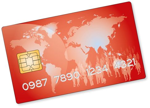drawing of a red credit card with a crowd of people on a world map