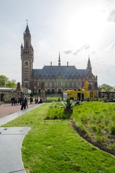 The Hague, Netherlands - May 8, 2015: Reporters at The Peace Palace in The Hague, Netherlands. It is often called the seat of international law because it houses the International Court of Justice.