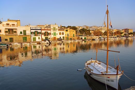 Porto Colom typical seaside village in Majorca (Spain) at sunset