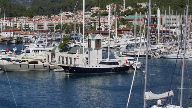  Beautiful white sailing vessels docked in Marmaris harbour, Turkey.
                      